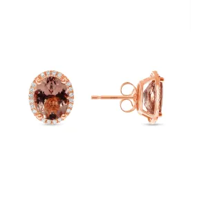 14K Gold Diamond Halo Oval Morganite Earrings