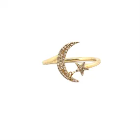 14K Gold Moon and Star Diamond Ring