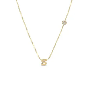 14k Initial Letter Necklace with Pavé Diamond Heart