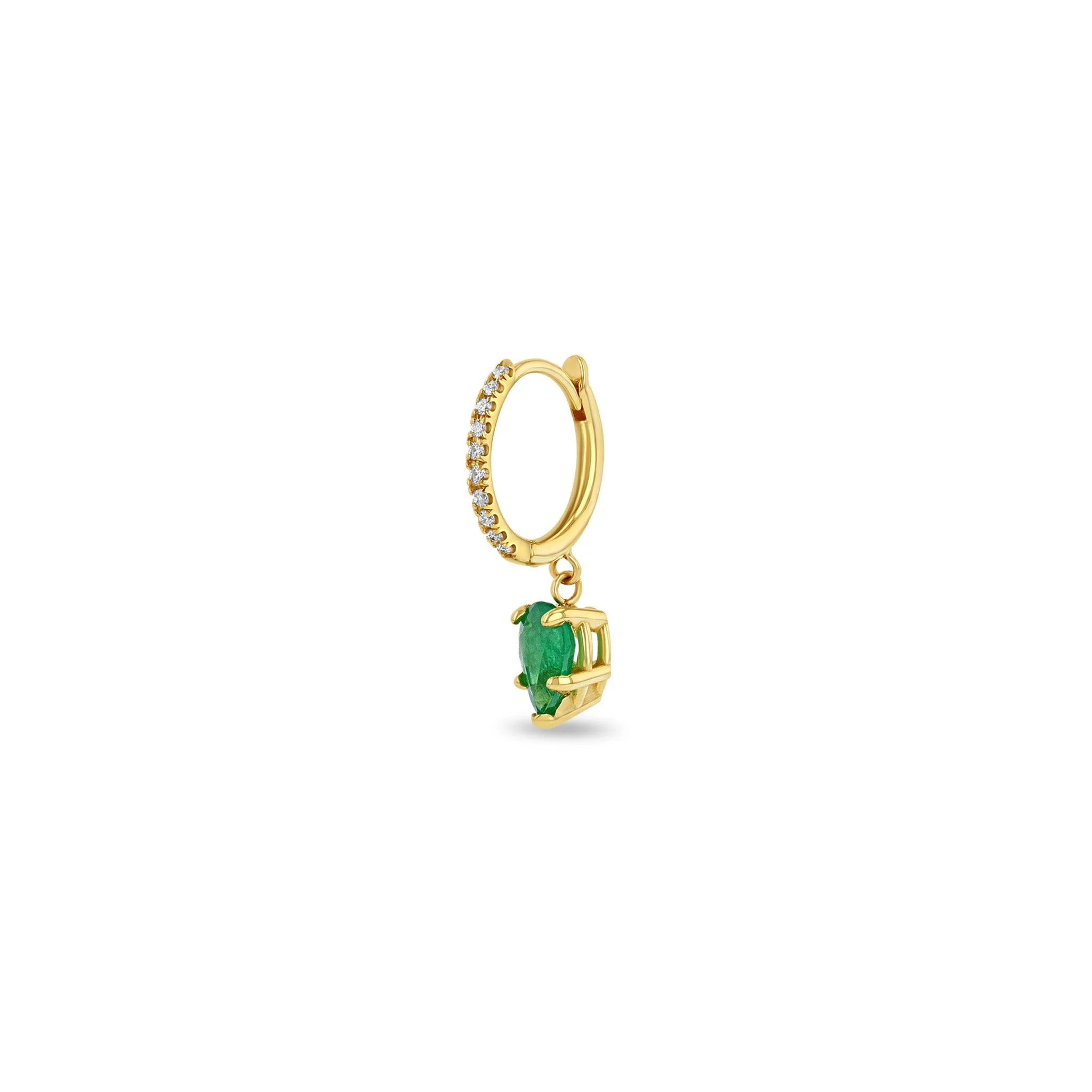 14k Small Pavé Diamond Hinge Huggie Hoops with Pear Emeralds