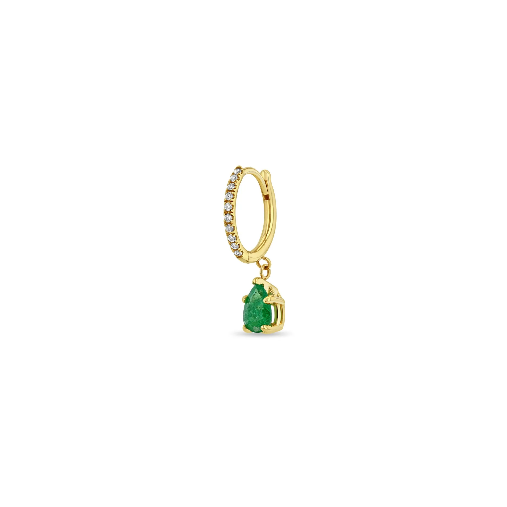 14k Small Pavé Diamond Hinge Huggie Hoops with Pear Emeralds