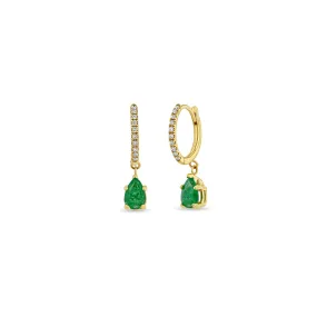 14k Small Pavé Diamond Hinge Huggie Hoops with Pear Emeralds