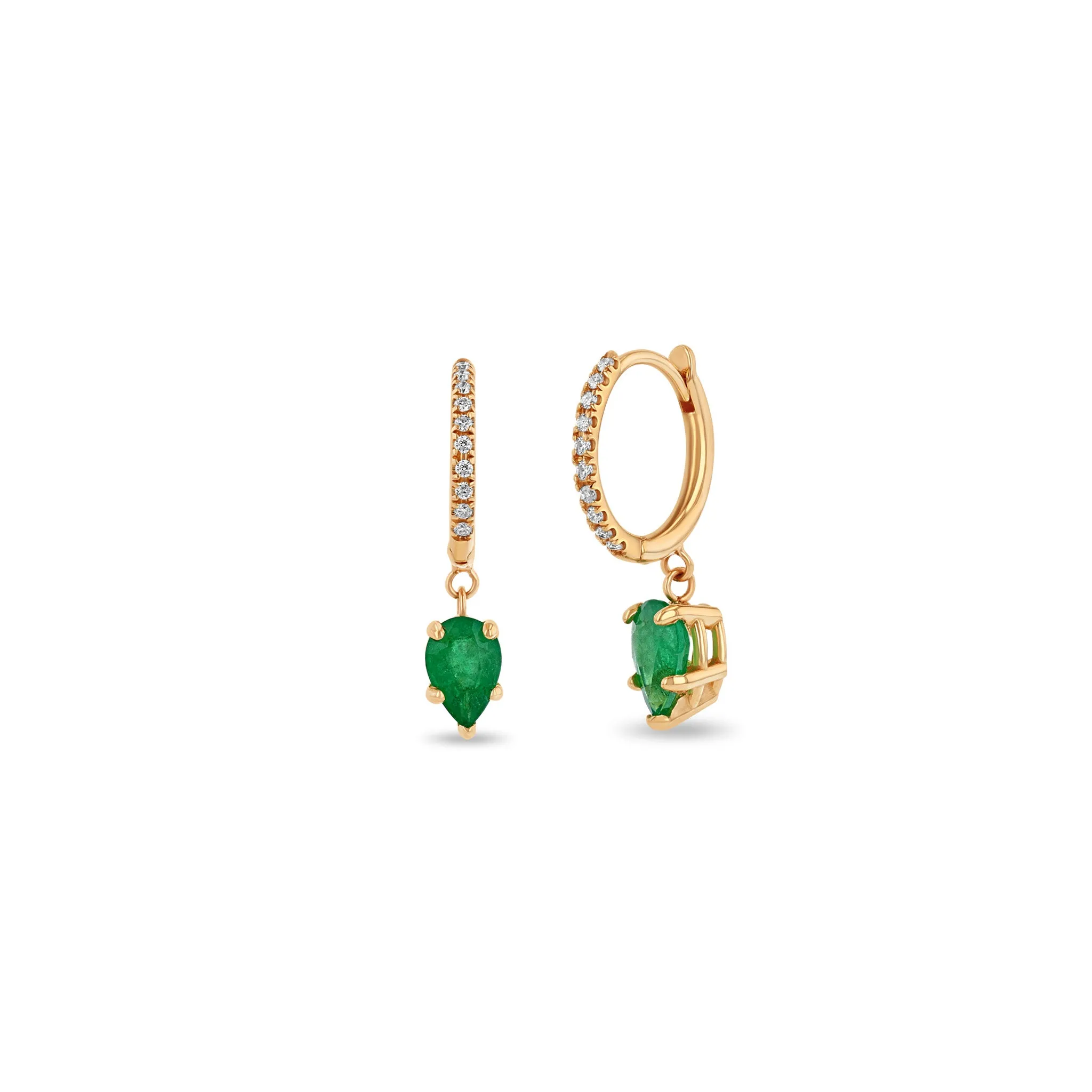 14k Small Pavé Diamond Hinge Huggie Hoops with Pear Emeralds