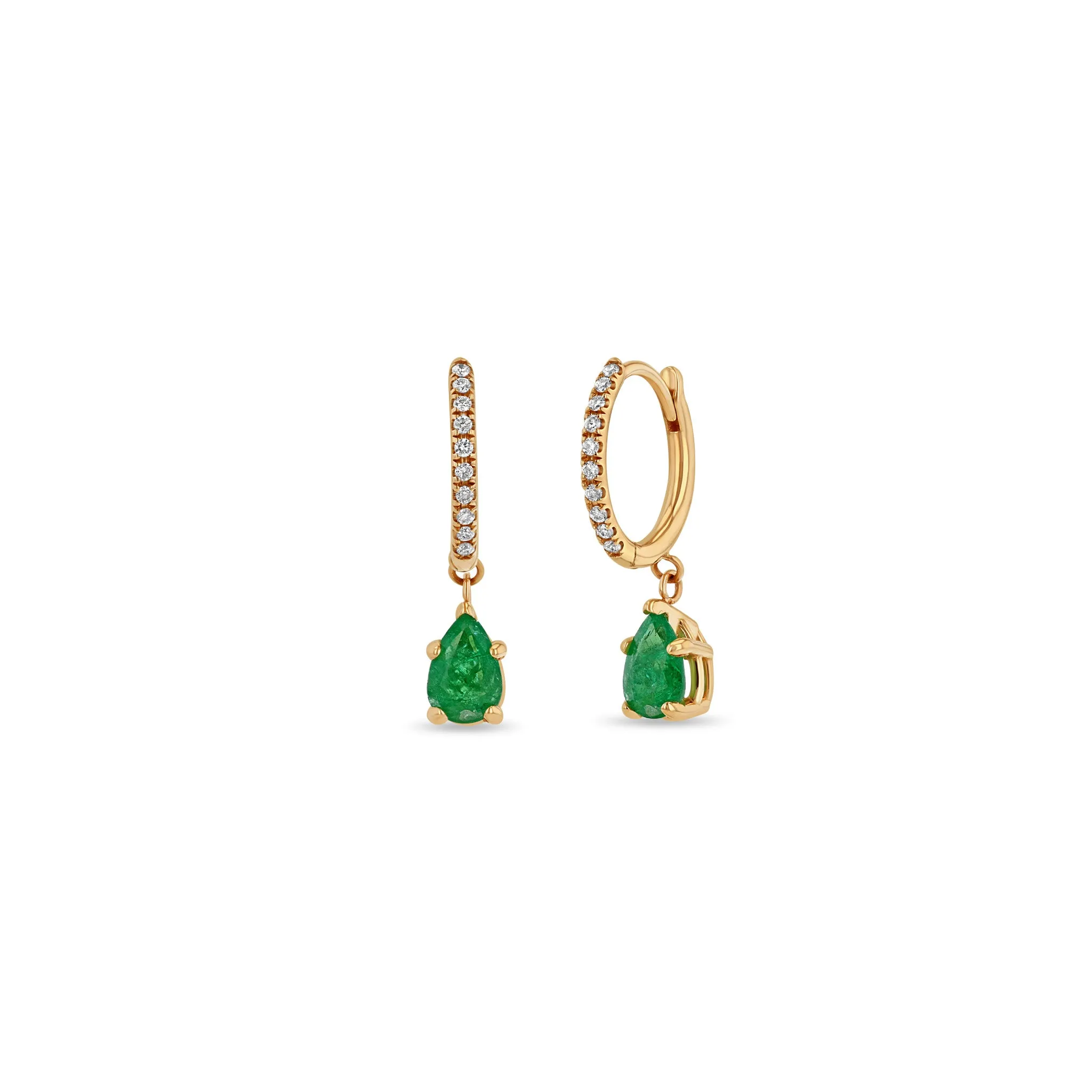 14k Small Pavé Diamond Hinge Huggie Hoops with Pear Emeralds