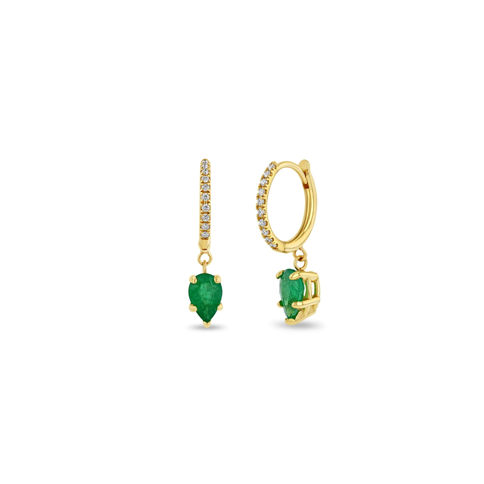 14k Small Pavé Diamond Hinge Huggie Hoops with Pear Emeralds