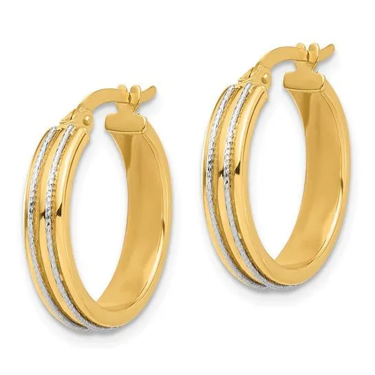 14K TT Gold Polished Dia Cut  Hoop Earrings