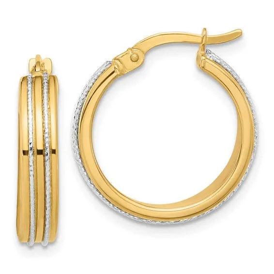 14K TT Gold Polished Dia Cut  Hoop Earrings