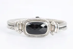 6" David Yurman 925 Silver Onyx & Diamond Cable Bangle Bracelet (49.25g.)