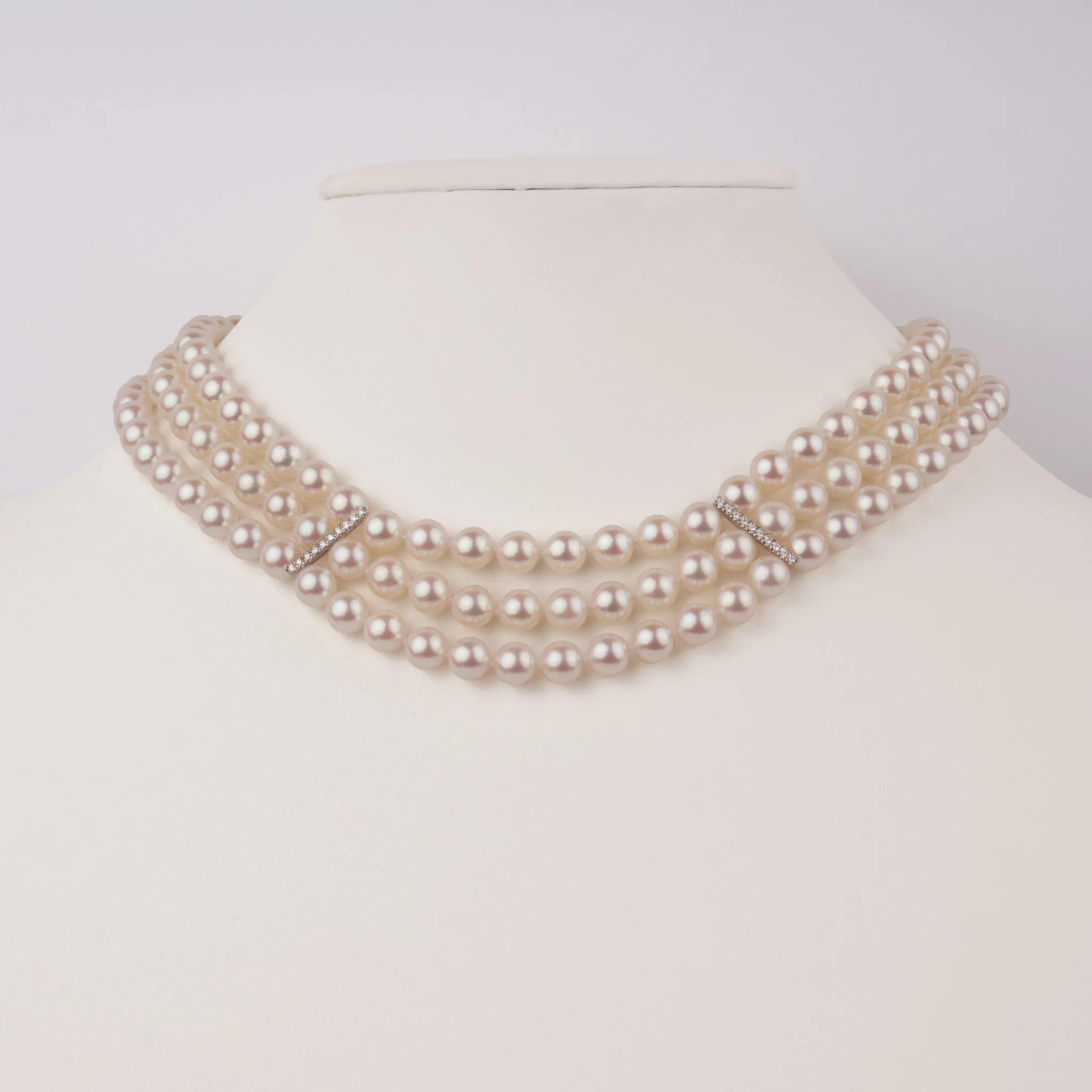 7.0-7.5 mm Triple Strand White Akoya AAA Pearl and Diamond Necklace