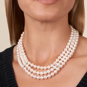 7.0-7.5 mm Triple Strand White Akoya AAA Pearl and Diamond Necklace