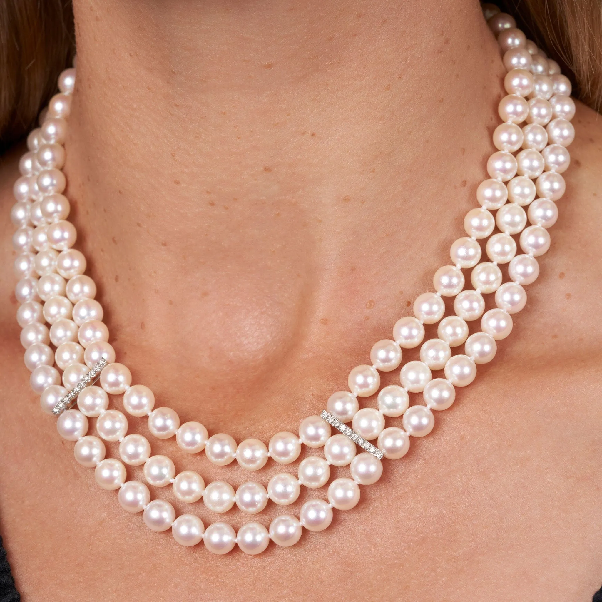 7.0-7.5 mm Triple Strand White Akoya AAA Pearl and Diamond Necklace