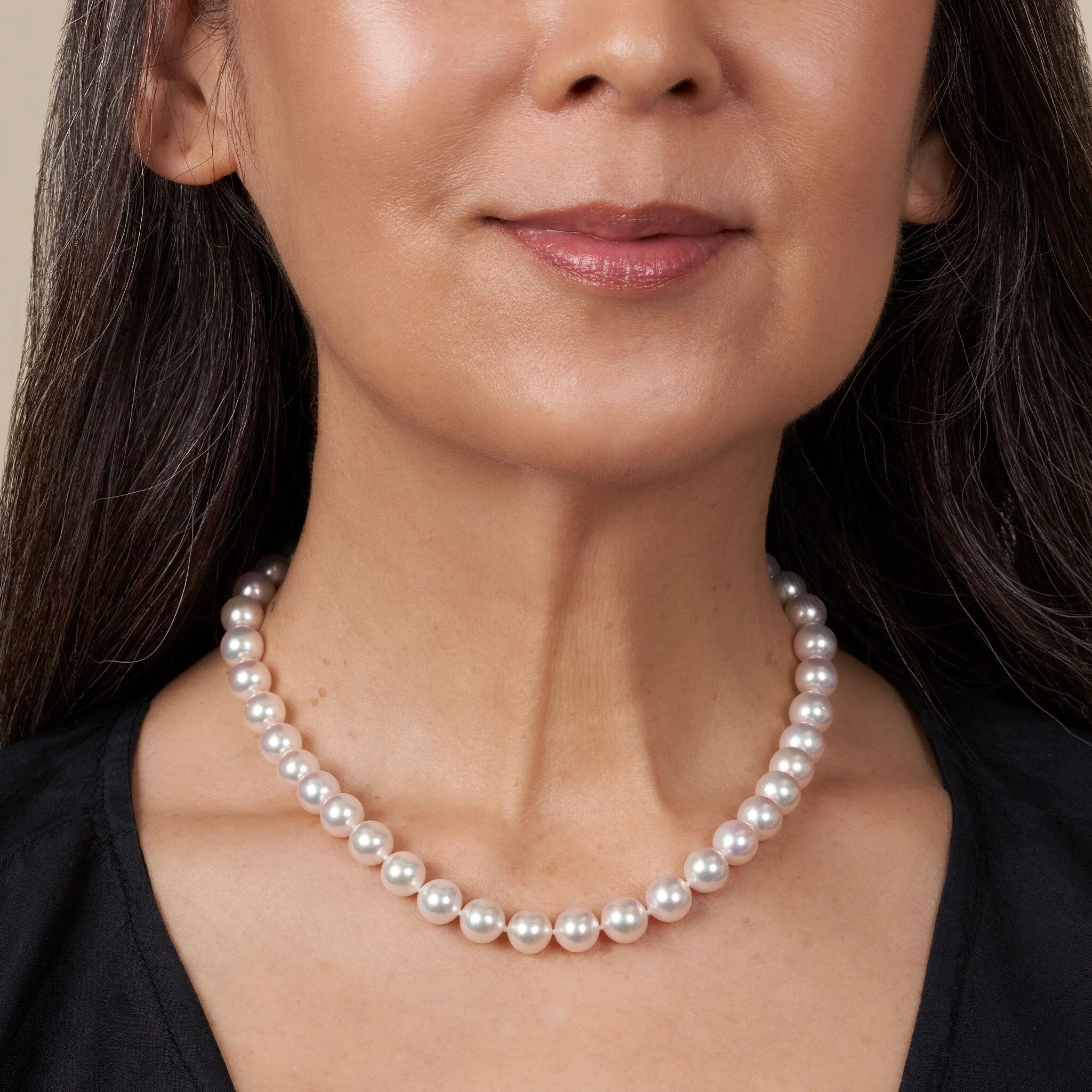 9.0-9.5 mm 16 Inch AAA Blush White Akoya Silver Rose Tone Pearl Necklace