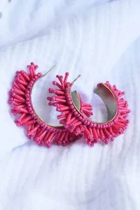 BEADED FRINGE HOOP EARRINGS -PINK