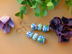 Blue, Green and White Painted Recycled Earrings