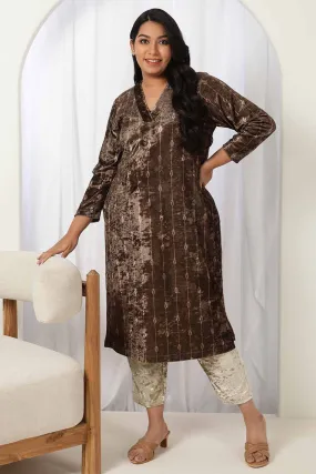 Brown V Neck Velvet Kurta