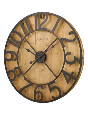 Bulova Silhouette Over-Sized Wall Clock - Rustic Metal Numerals - Pine Veneer