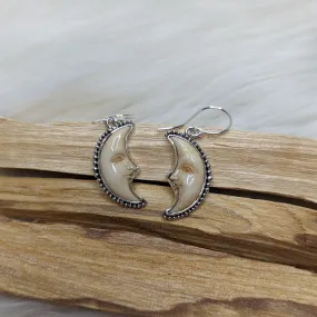 Crescent Moon Face Bone Carving Earrings in Sterling Silver