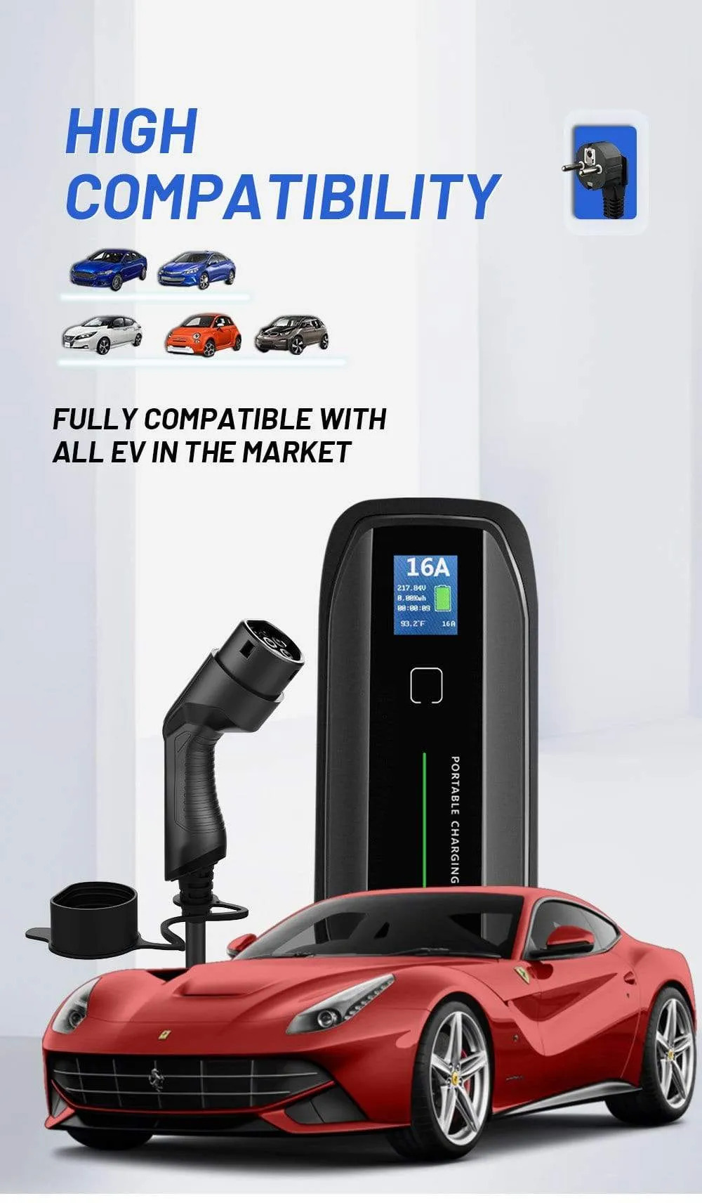 EVSE Type 2 Portable EV Charging Box Cable Switchable 10/16A Schuko Plug Electric Vehicle Car Charger IEC 62196-2 2.2/3.6KW