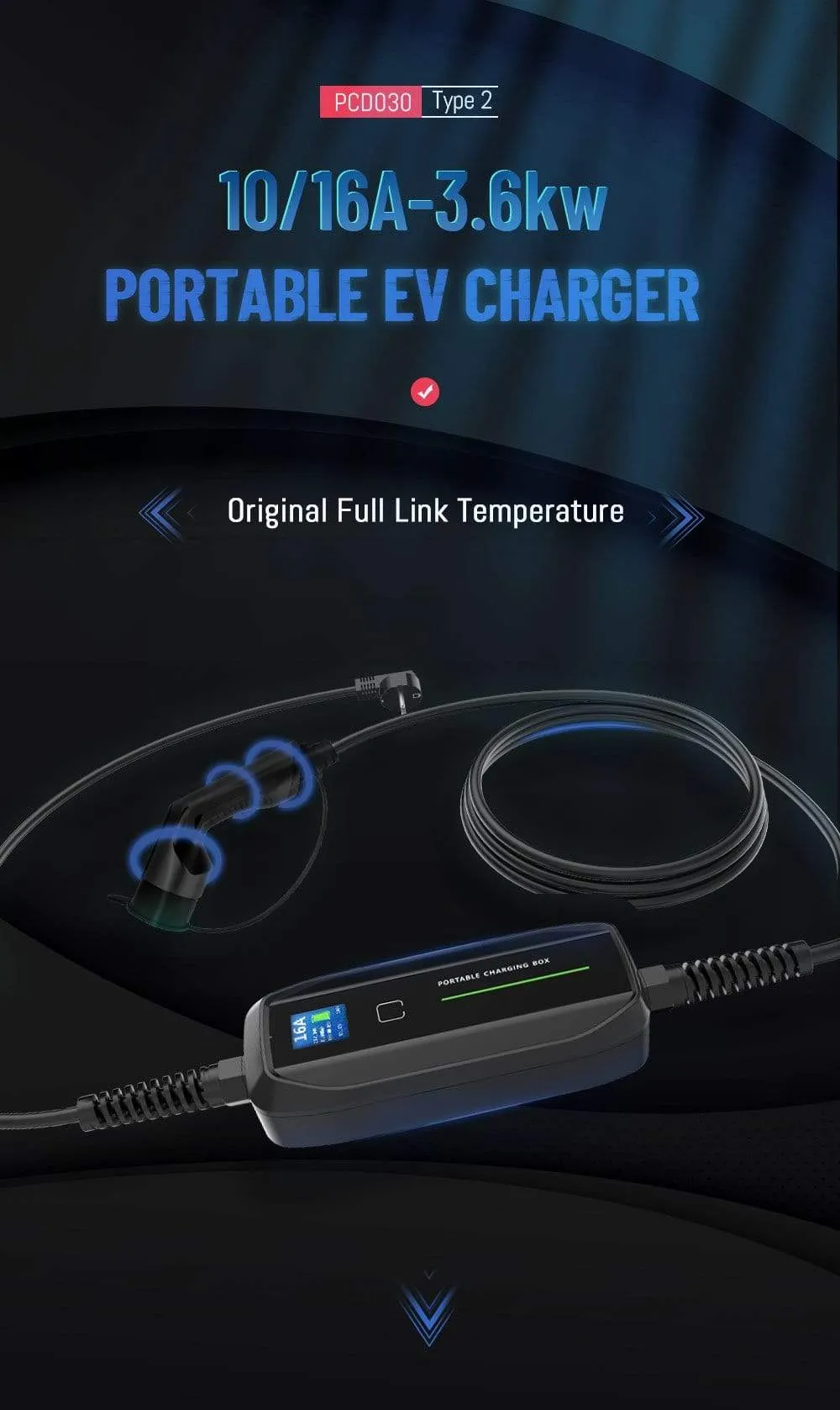 EVSE Type 2 Portable EV Charging Box Cable Switchable 10/16A Schuko Plug Electric Vehicle Car Charger IEC 62196-2 2.2/3.6KW