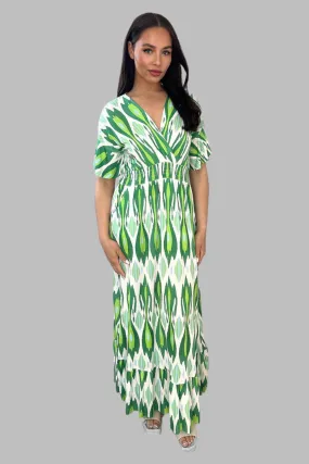 Green And White Kaleidoscope Print Shirred Waist Maxi Dress