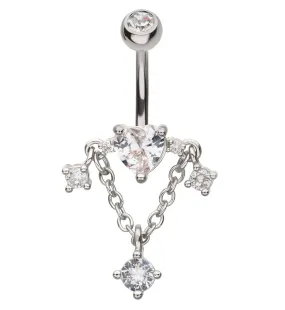 Heart Triple Clear CZ Dangle Chain Stainless Steel Belly Button Ring