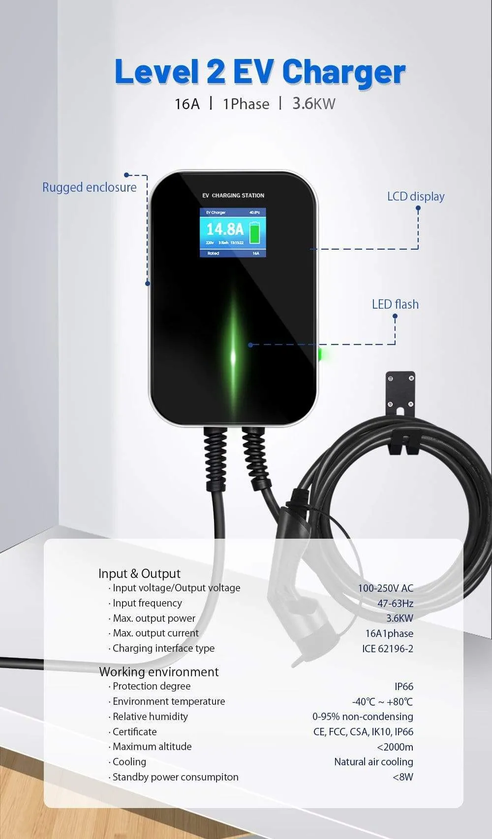 IEVISON 16A 1Phase 3.6KW EV Charger EVSE Wallbox Electric Vehicle Charging Station with Type 2 Plug IEC 62196-2 with 6.1M Cable