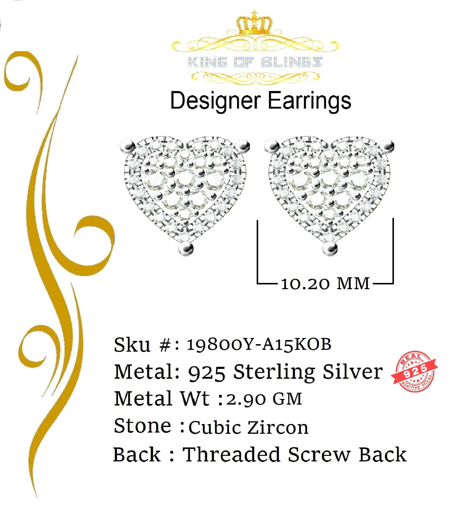 King of Bling's 1.18ct Cubic Zirconia 925 Yellow Sterling Silver Women's Hip Hop Heart Earrings