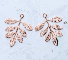 Large Shiny Rose Gold Leaf Branch Charms (2) - PRGSG1549R