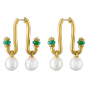 Large South Sea Pearl, Emerald, and Old Mine Diamond Tuba Earrings