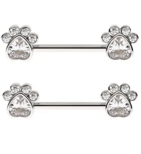 Paw Print Clear CZ Stainless Steel Nipple Barbell