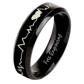 Personalized Men's Black Heartbeat Promise Ring - Engraved Handwriting Ring