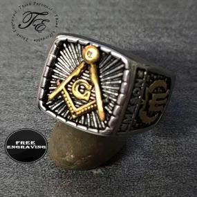 Personalized Ornate Free Mason Compass Ring Engraved Masonic Ring