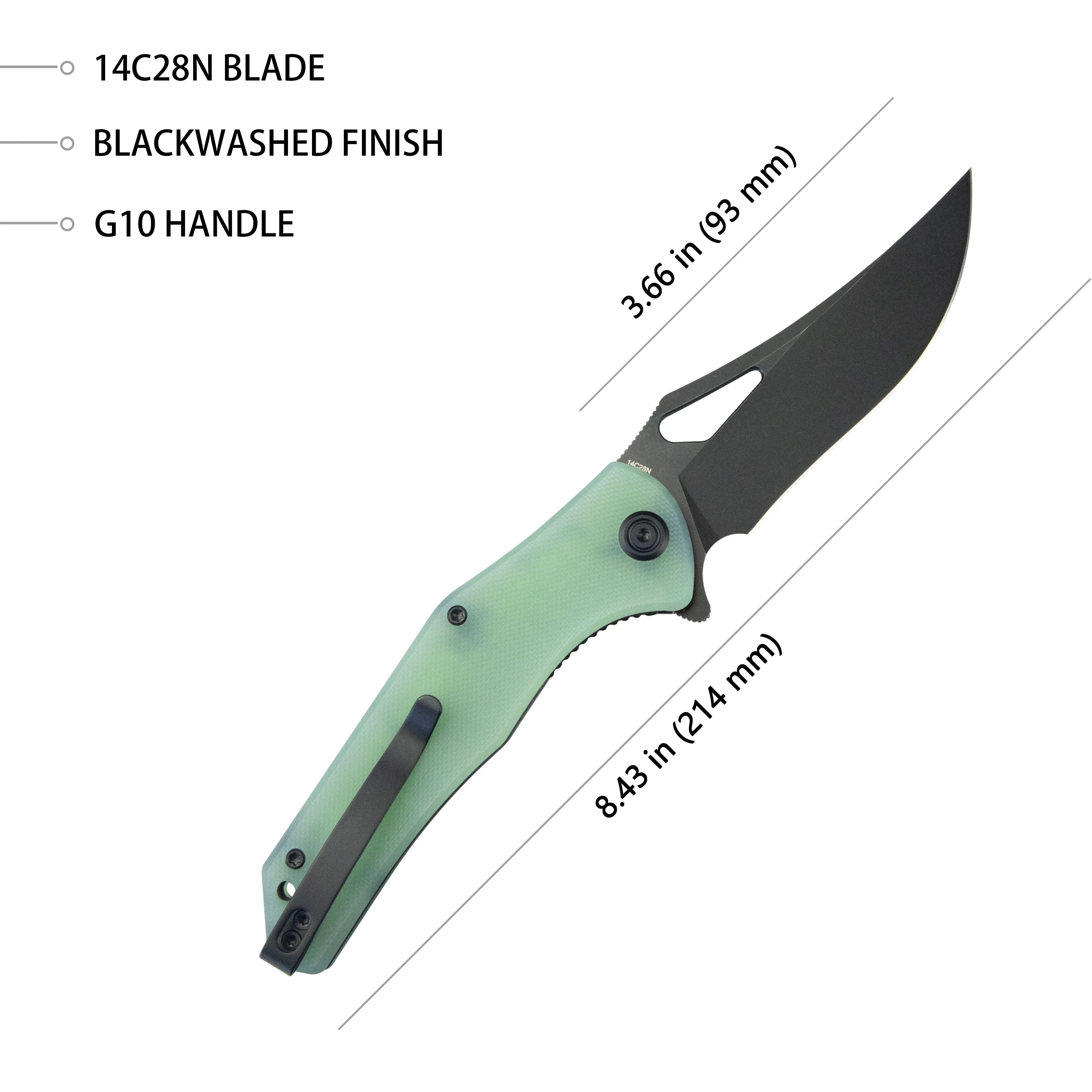 Phemius Liner Lock Folding Pocket Knife Jade G10 Handle 3.66 Blackwash 14C28N KU149H