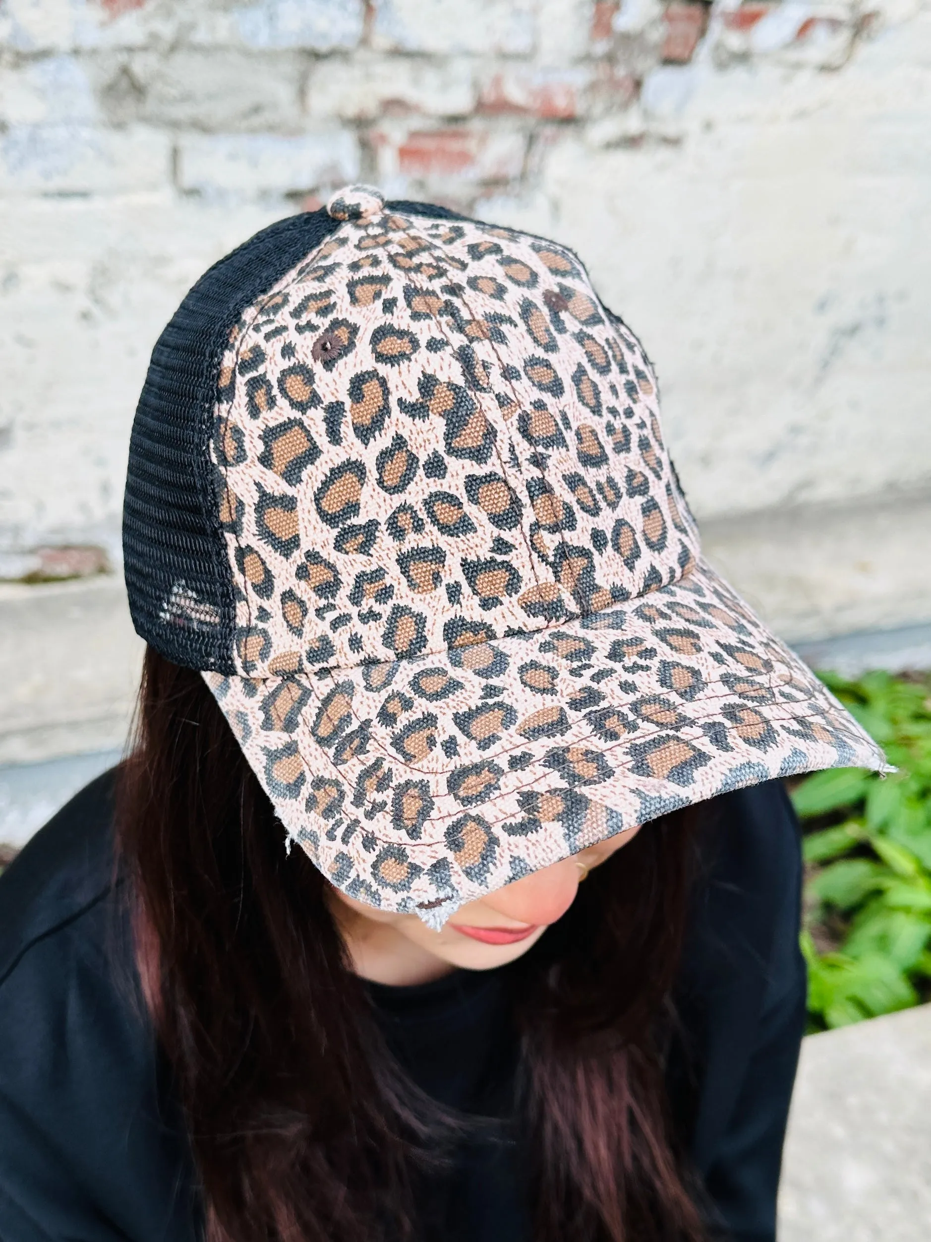 Pink Leopard Pony Tail Hat  Black Mesh