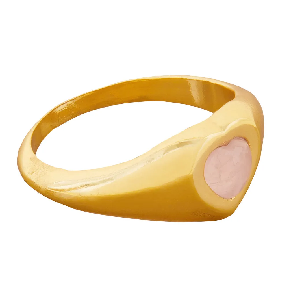 Real Gold Plated Gold Z Rose Quartz Heart Signet Ring-Medium