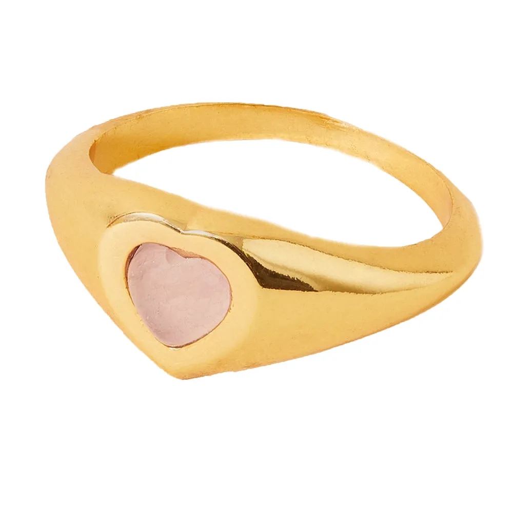 Real Gold Plated Gold Z Rose Quartz Heart Signet Ring-Medium