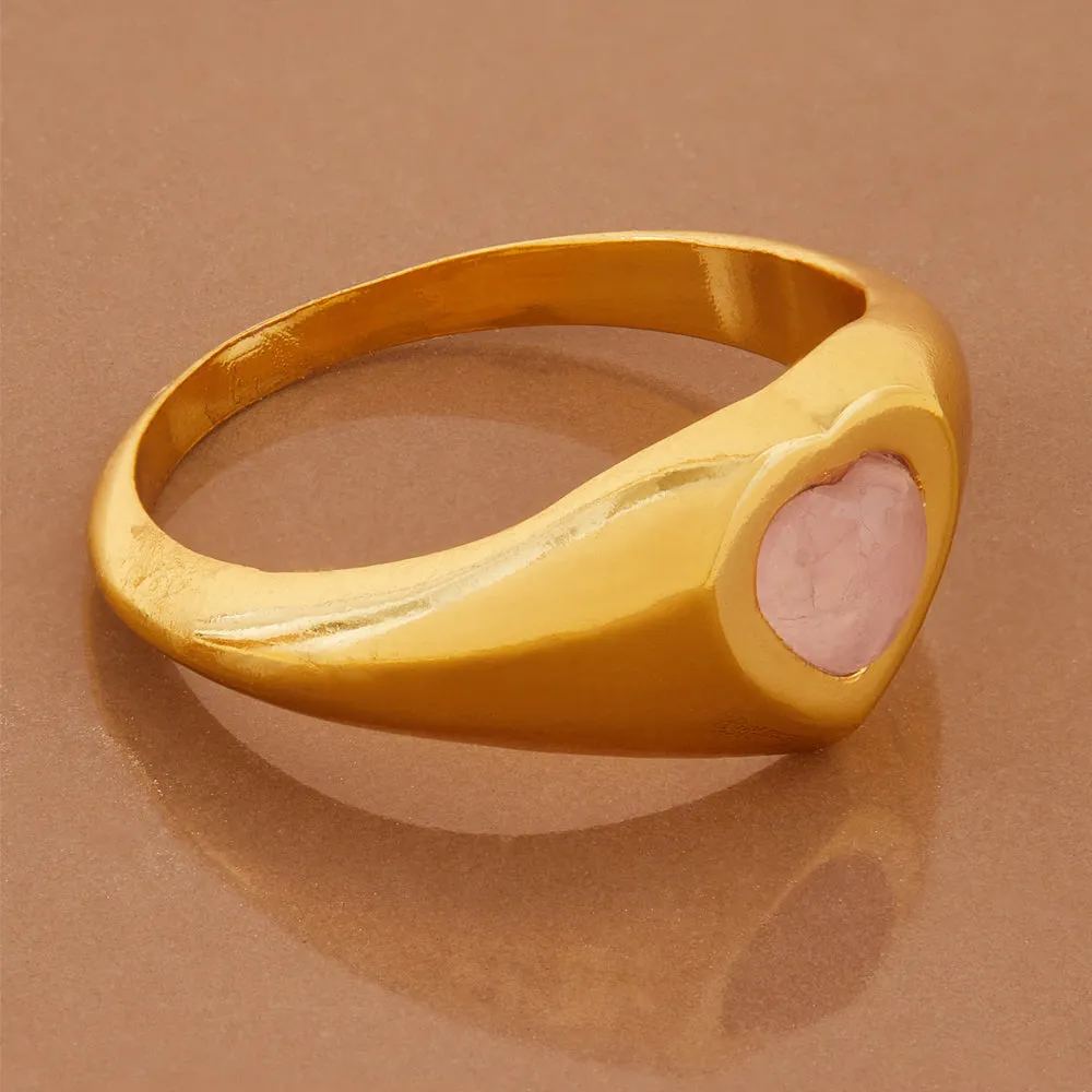 Real Gold Plated Gold Z Rose Quartz Heart Signet Ring-Medium