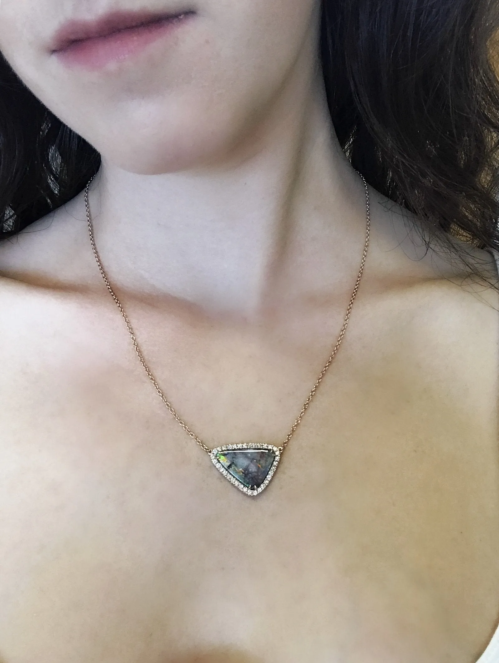 Rose Gold Opal Triangle Diamond Necklace