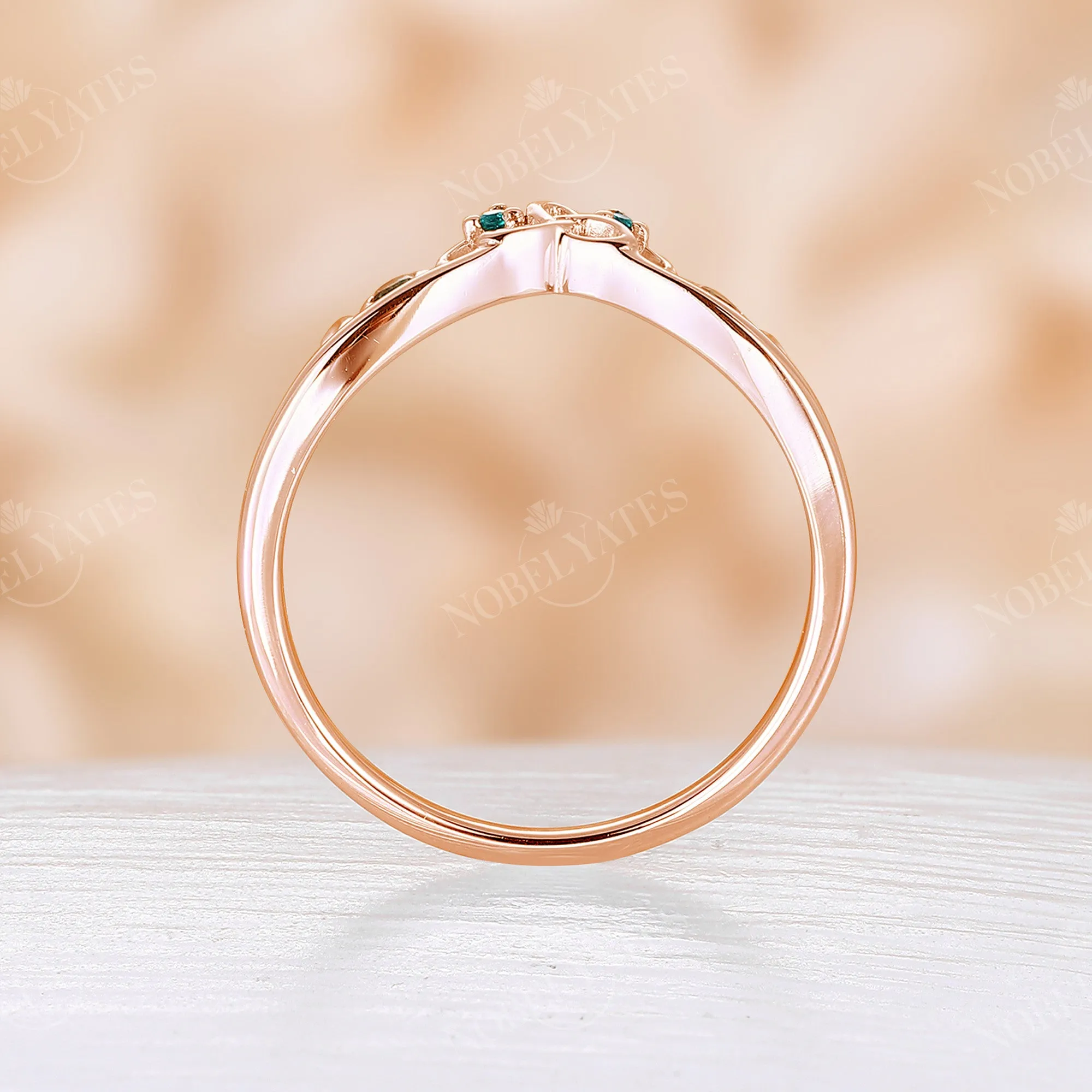 Round Lab Emerald Celtic Curved Wedding Band Rose Gold