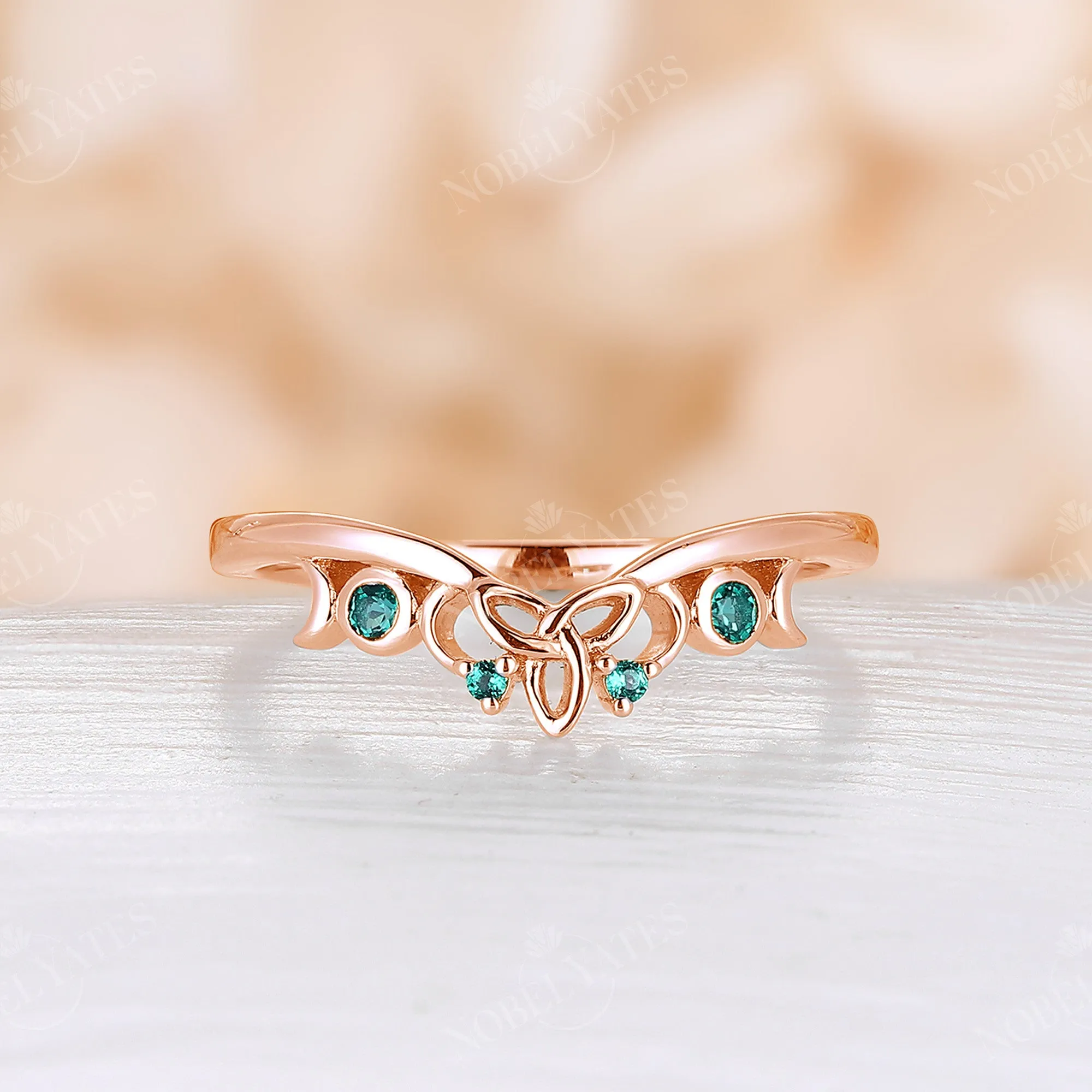 Round Lab Emerald Celtic Curved Wedding Band Rose Gold