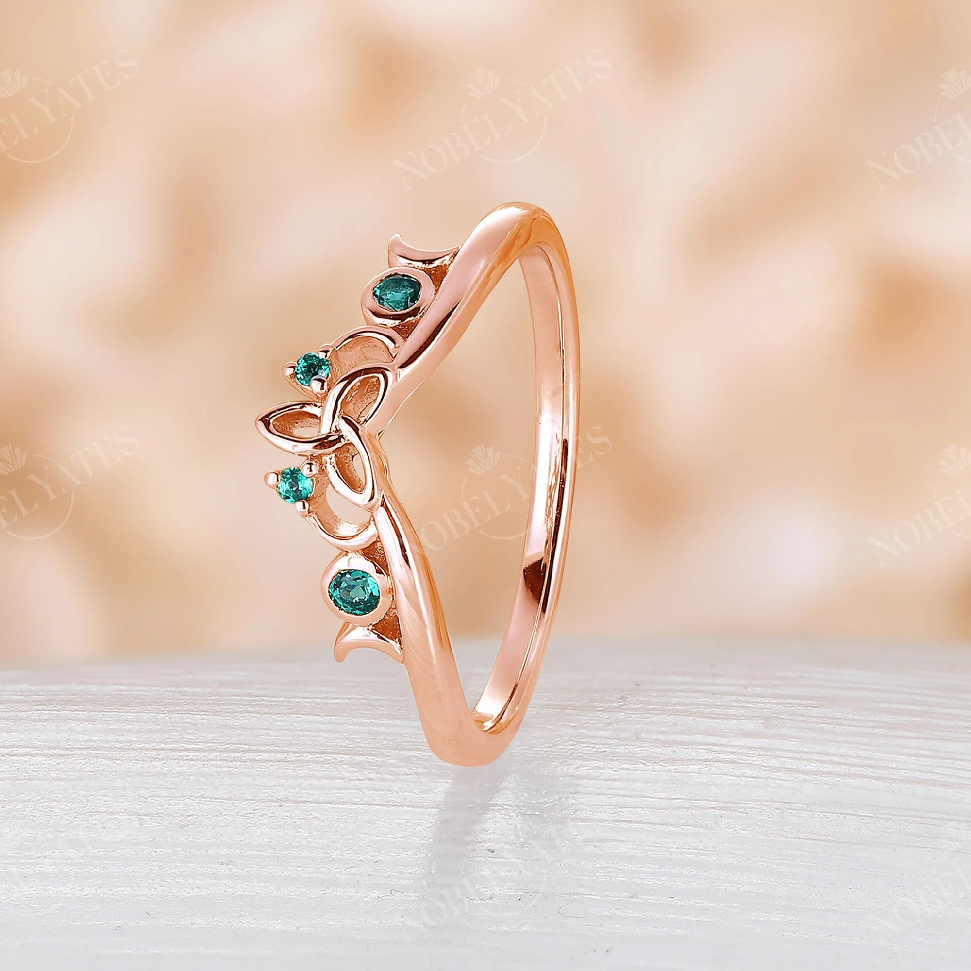 Round Lab Emerald Celtic Curved Wedding Band Rose Gold