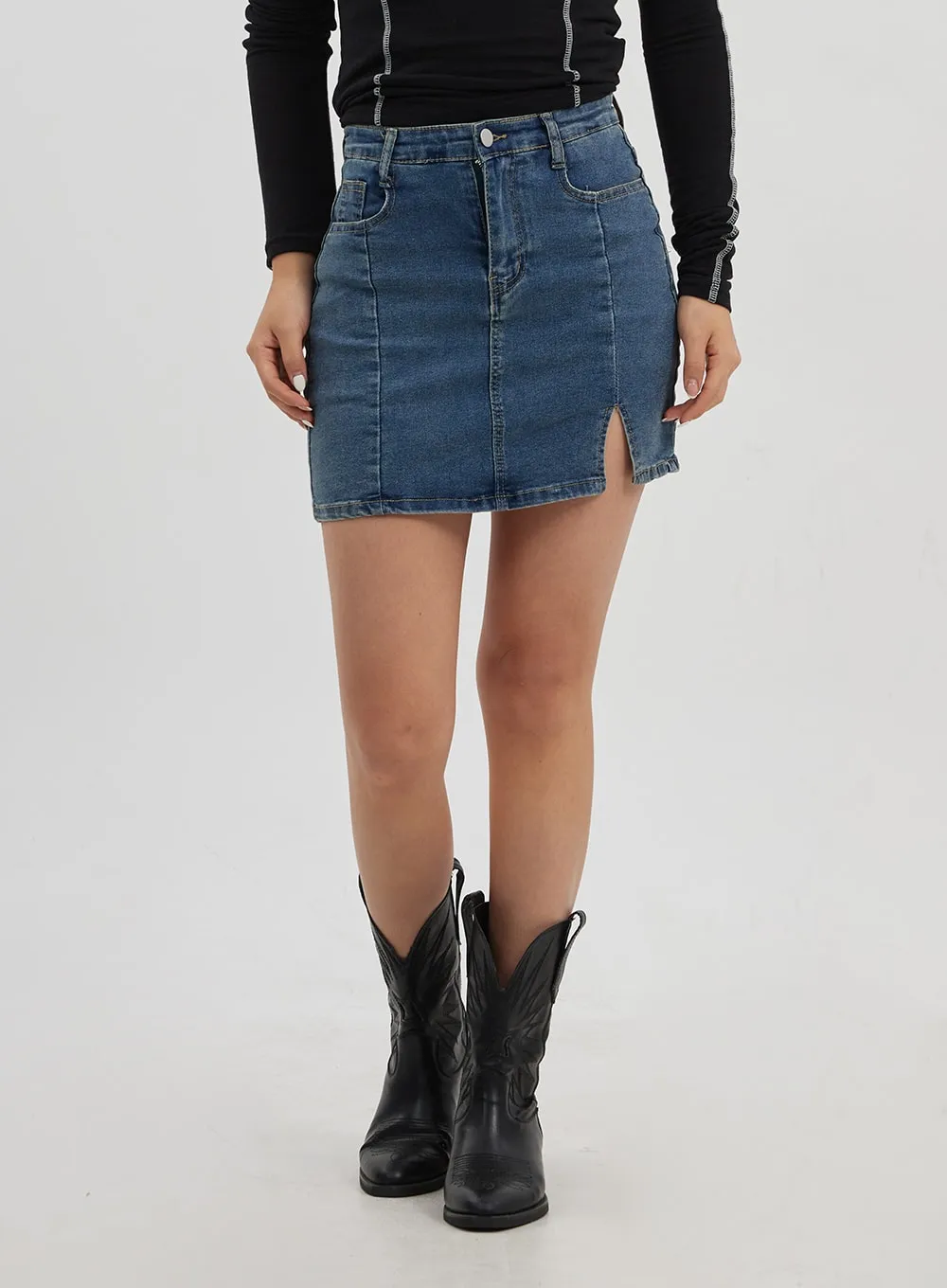 Side Slit Denim Mini Skirt CJ325