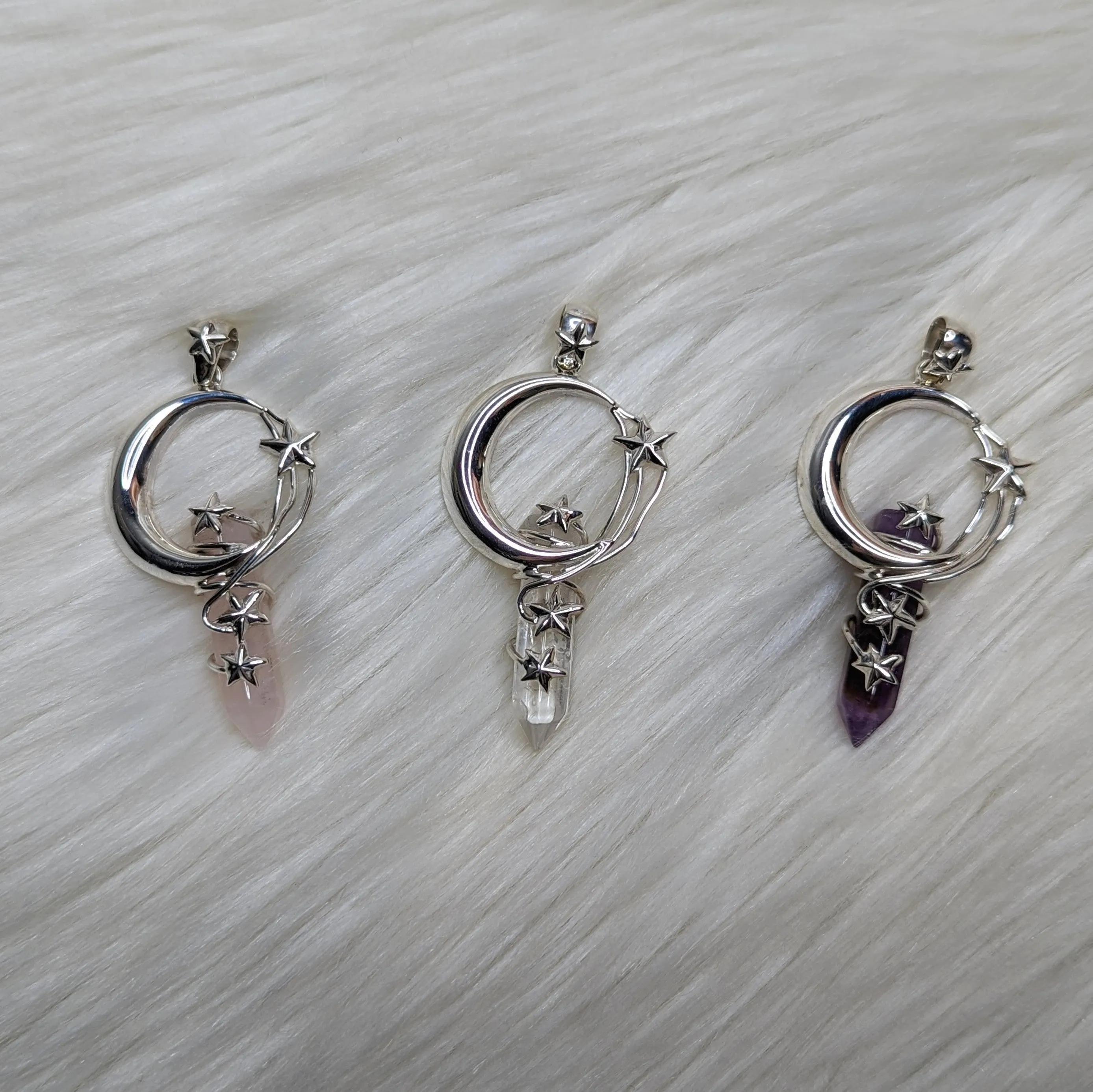 Sterling Silver Moon and Stars with Gemstone Pendant~ Includes Silver Chain ~Amethyst, Rose Quartz or Clear Quartz ~