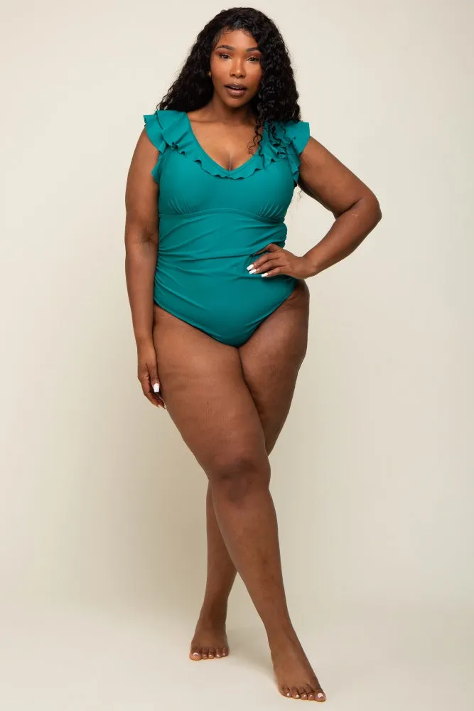 Teal Ruffle V-Neck Plus One-Piece Swimsuit