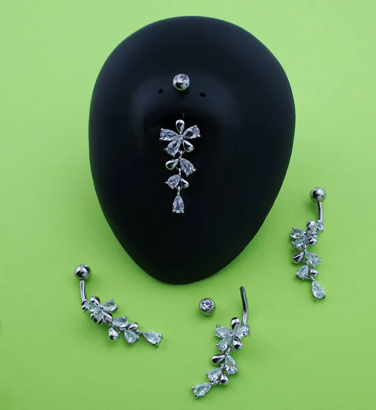 Teardrop Bow And Vine CZ Dangle Stainless Steel Belly Button Ring