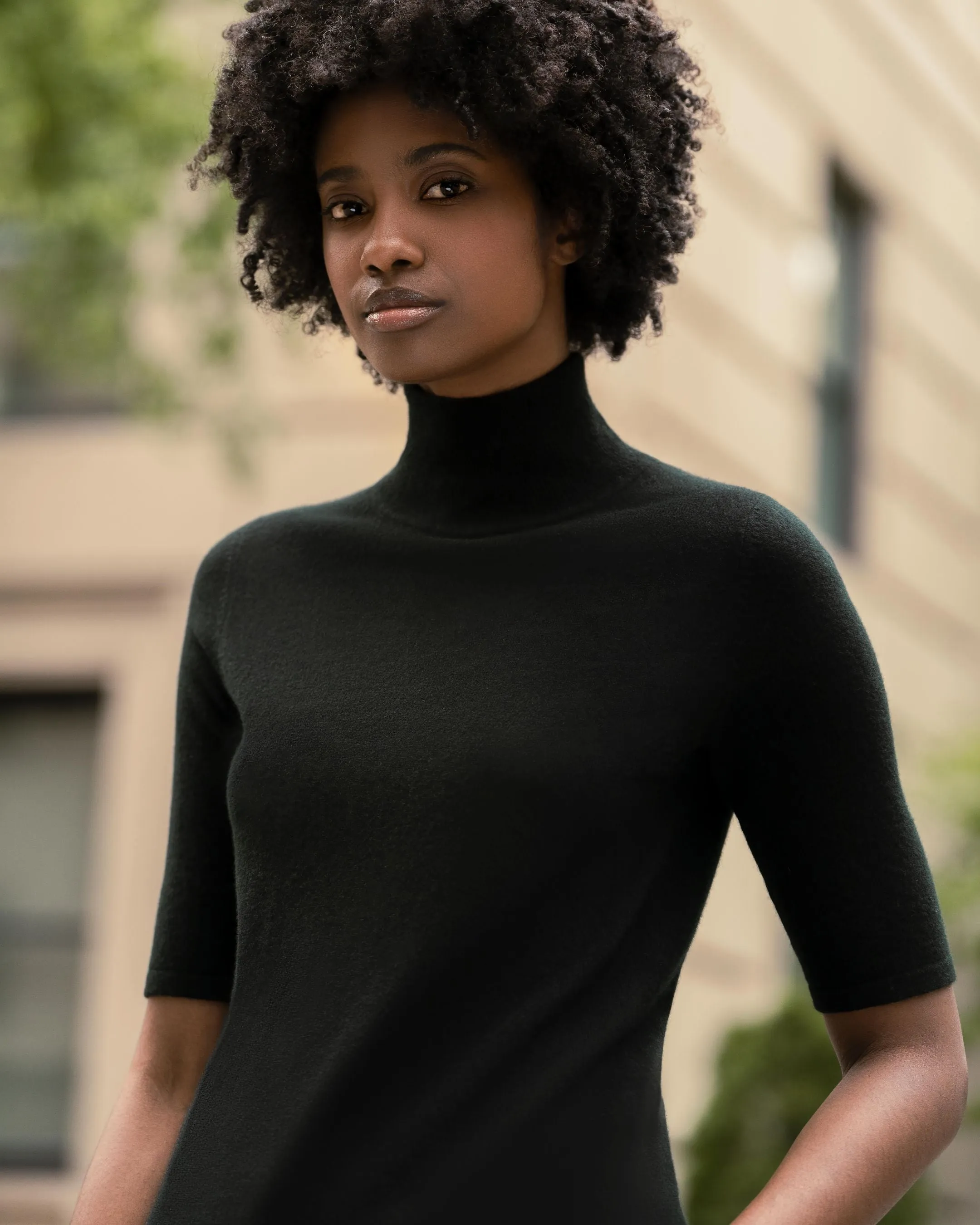 Women's Mock Neck Cashmere T-Shirt Black